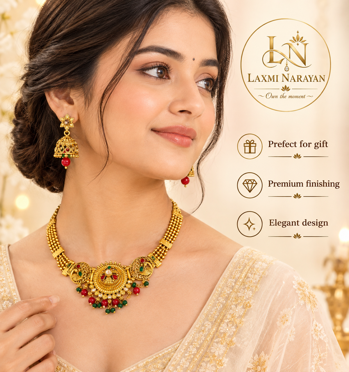 Gold plated peacock choker necklace