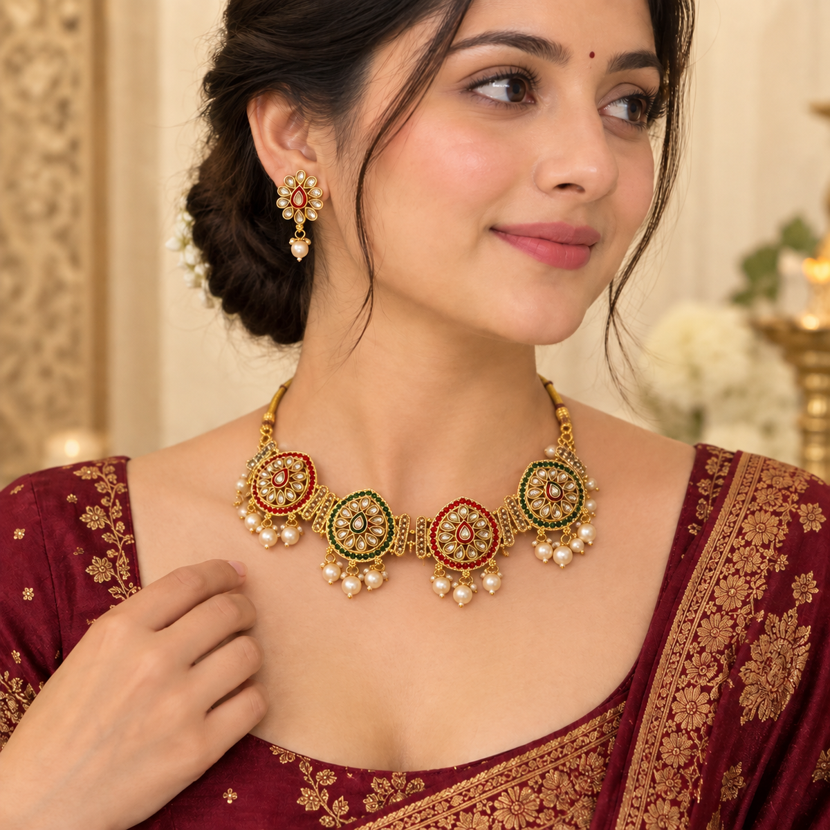 Traditional Kundal Meenakari necklace set styled with ethnic wear