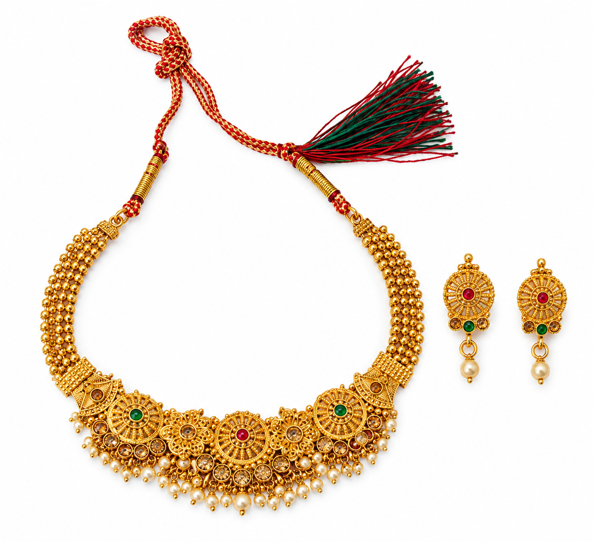 Gold-tone floral necklace and matching earrings with red and green accents