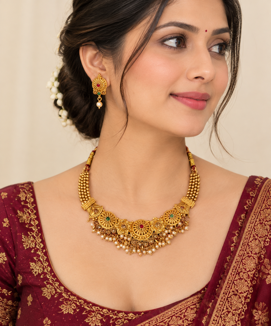Traditional Gold-Tone Floral Necklace Set styled with ethnic wear