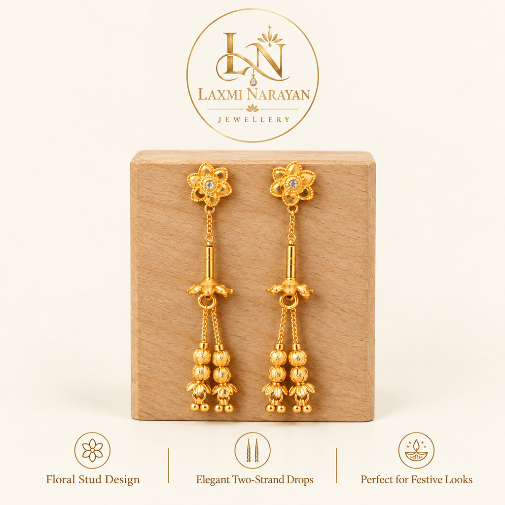 Floral earrings on wooden display with brand logo and three highlights