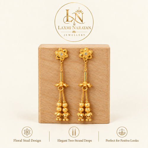 Floral earrings on wooden display with brand logo and three highlights