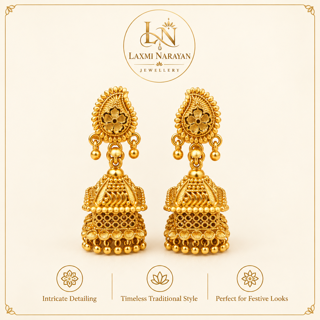 Floral jhumka earrings with brand logo and three styling highlights