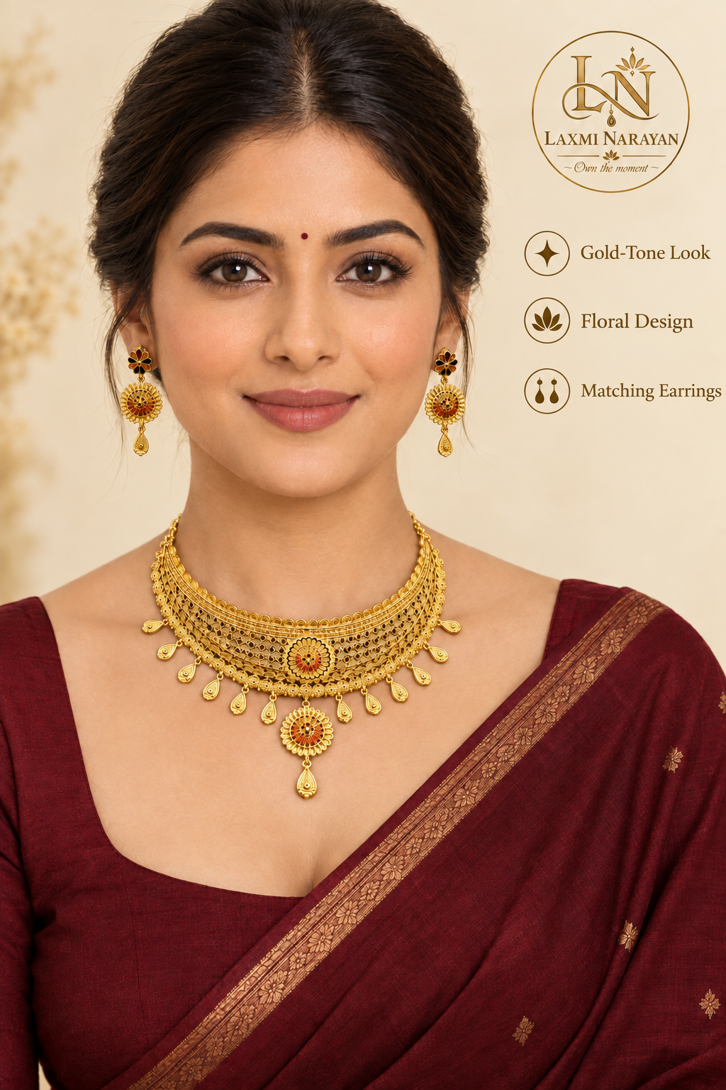 Woman wearing floral choker necklace and matching earrings