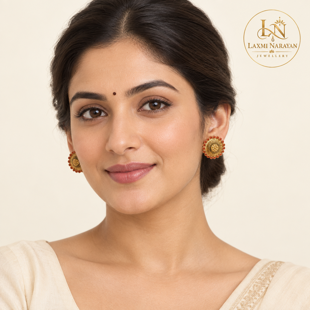 Lady model wearing red floral stud earrings with brand logo