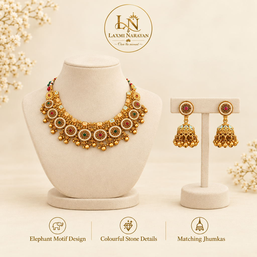 Ghungroo necklace on dummy with matching earrings on separate hanger