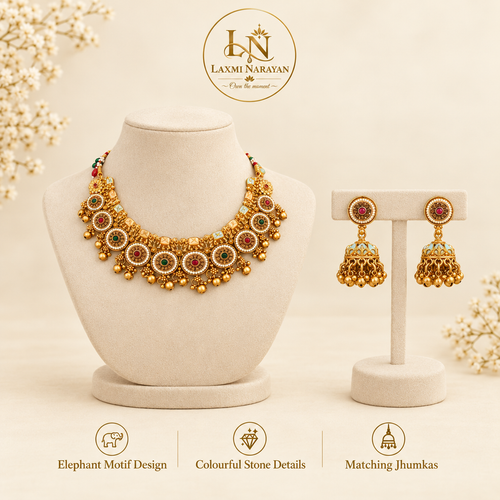 Ghungroo necklace on dummy with matching earrings on separate hanger