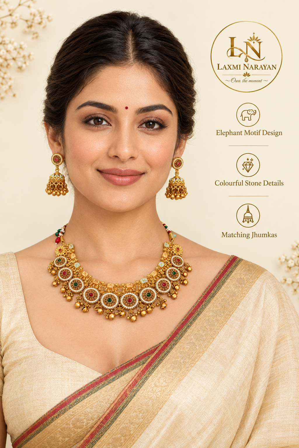 Woman wearing ghungroo necklace and matching jhumkas