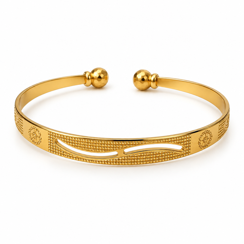Single gold-tone floral cutwork kada on a white background