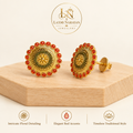 Stud earrings on wooden display with front and rear-side angles, brand logo and three highlights
