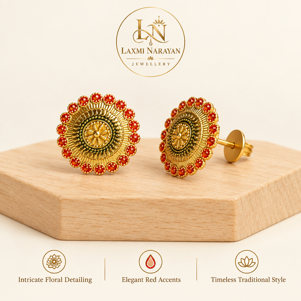 Stud earrings on wooden display with front and rear-side angles, brand logo and three highlights