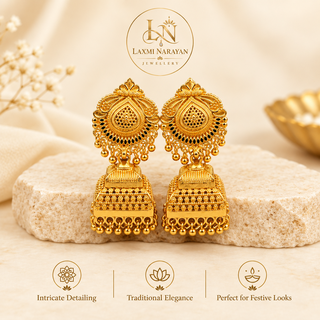 Gold-tone jhumka earrings with Laxmi Narayan Jewellery logo and three style highlights