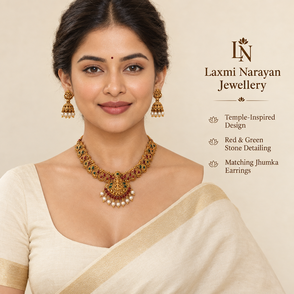 Model wearing necklace and jhumka set