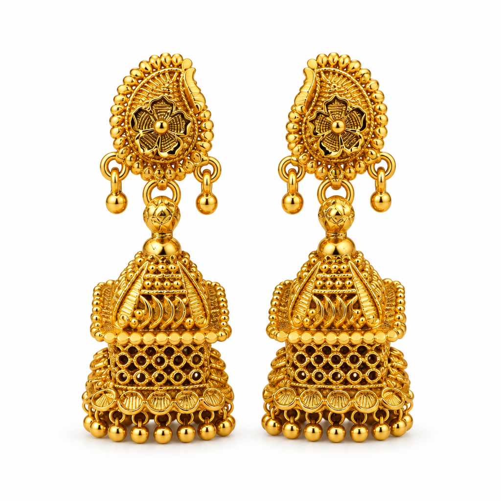 Matching gold-tone floral jhumka earrings on a plain white background