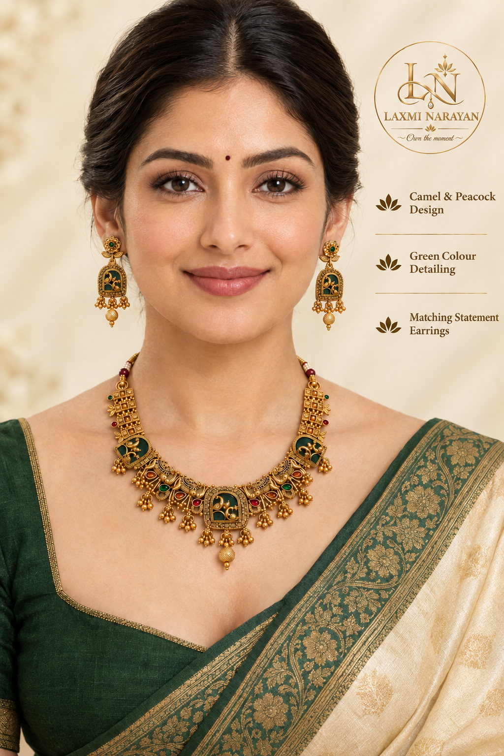 Woman wearing green camel and peacock necklace set