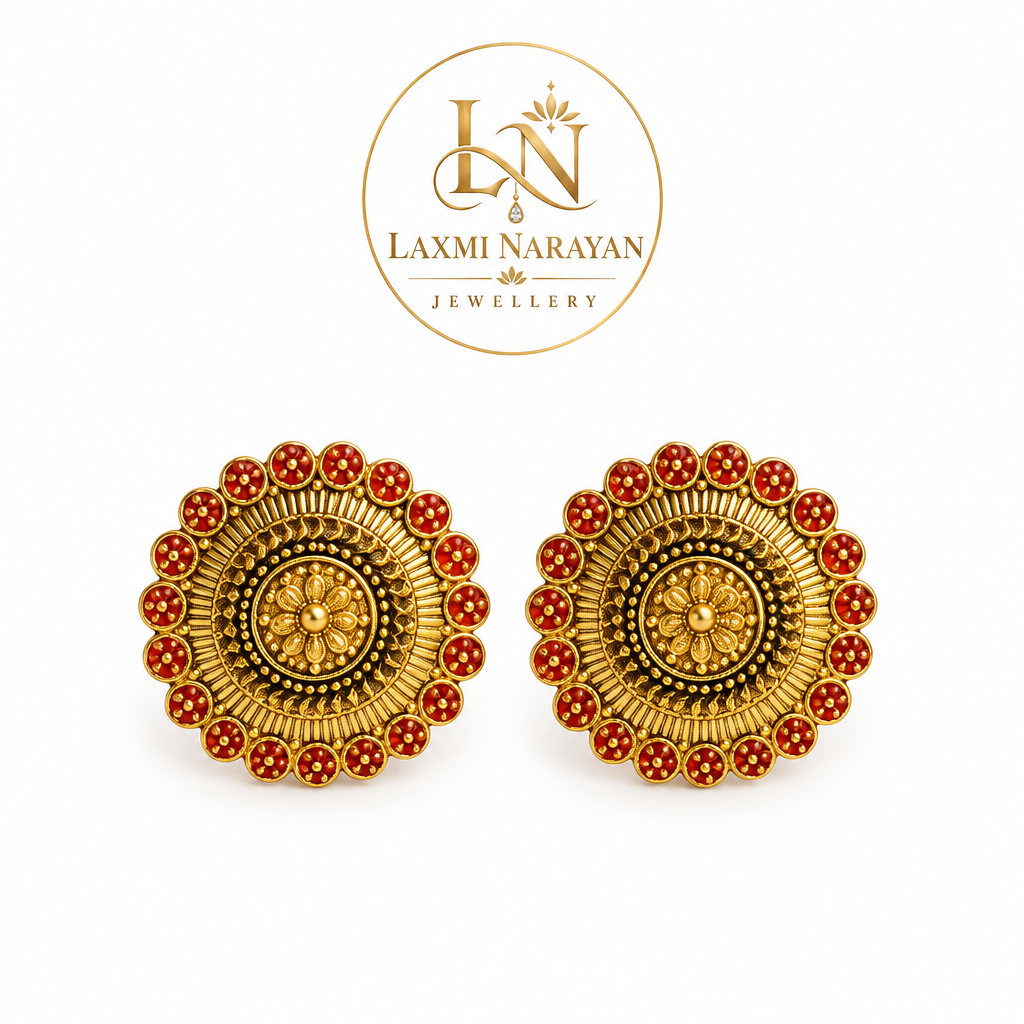 Round gold-tone red floral stud earrings on white background with brand logo
