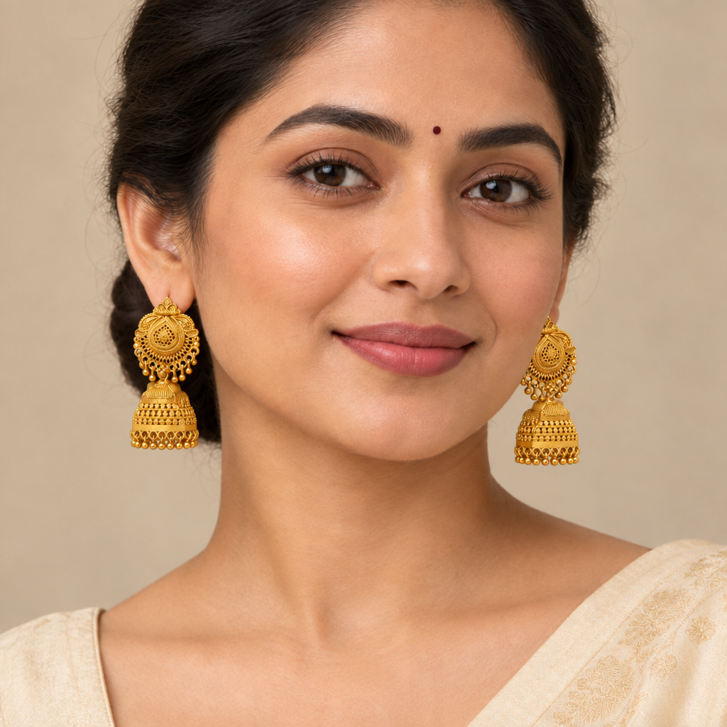 Model wearing gold-tone peacock jhumka earrings