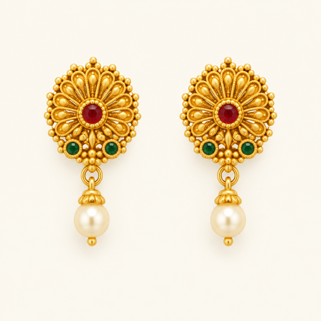 Front view of matching gold-tone floral earrings with ivory pearl drops